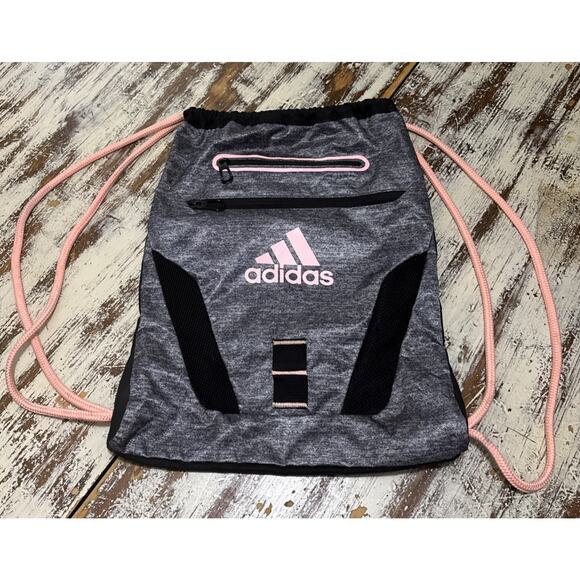 Adidas Alliance II Sackpack Drawstring Backpack Gray Pink Logo Gym Bag Pockets - Picture 1 of 7